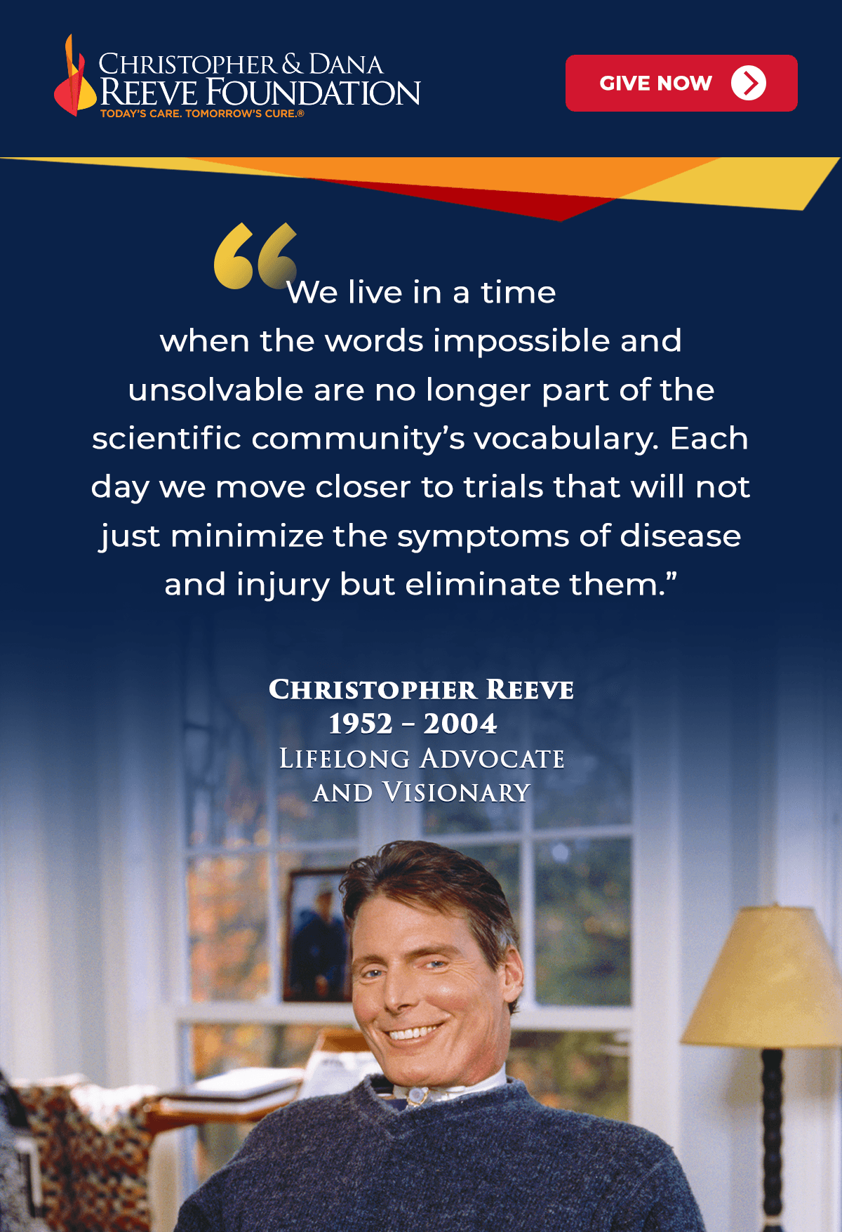 The image includes a photo and quote about scientific progress from Christopher Reeve, whose name is displayed along with his birth and death years, 1952-2004. 